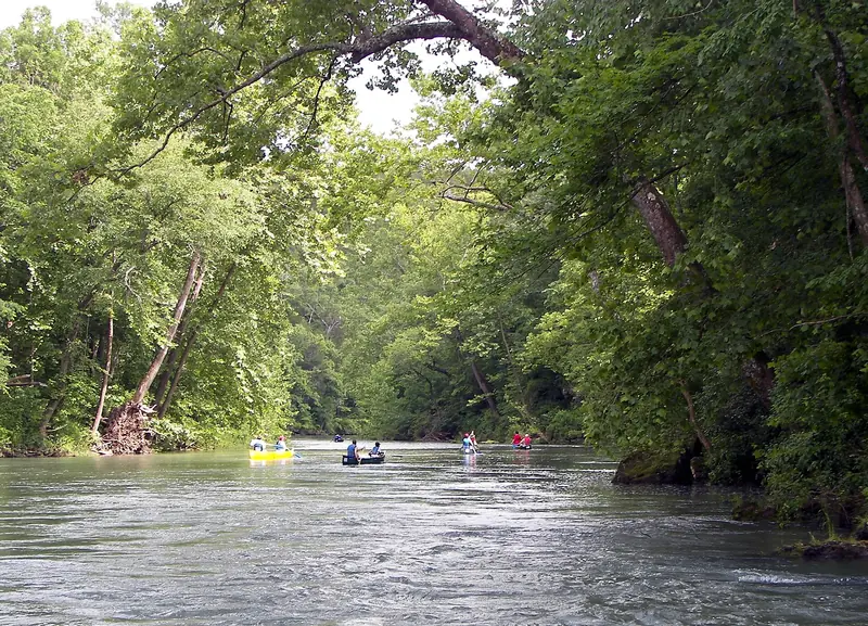 Canoes on the forest lined Current River in the Missouri Ozarks.